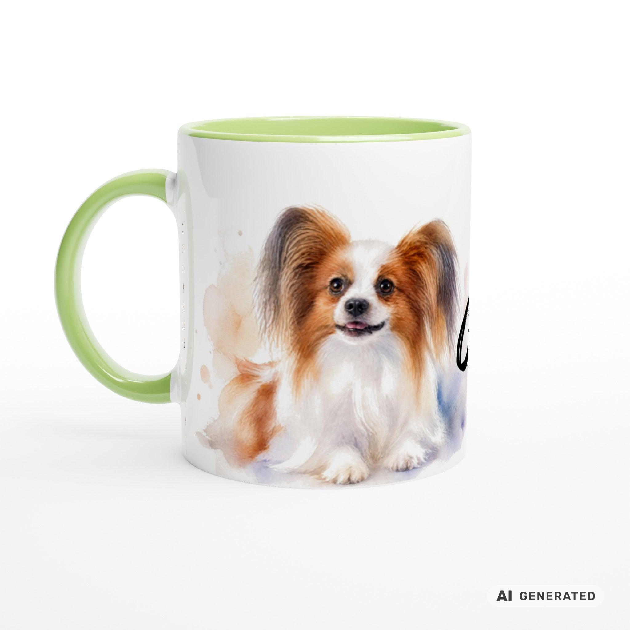 Personalisierte Papillon Tasse 11oz – Aquarell Hundemotiv mit Namen | Geschenk für Papillon Besitzer | Keramiktasse mit Farbwahl - Sunbeamstore