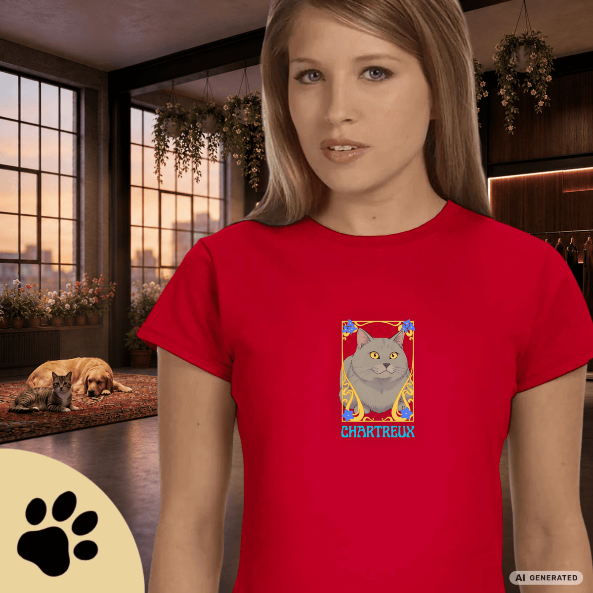 Chartreux Cat T-Shirt – Ästhetisches Katzenmotiv im Jugendstil | Cute & Elegant Cat Lover Gift - Sunbeamstore