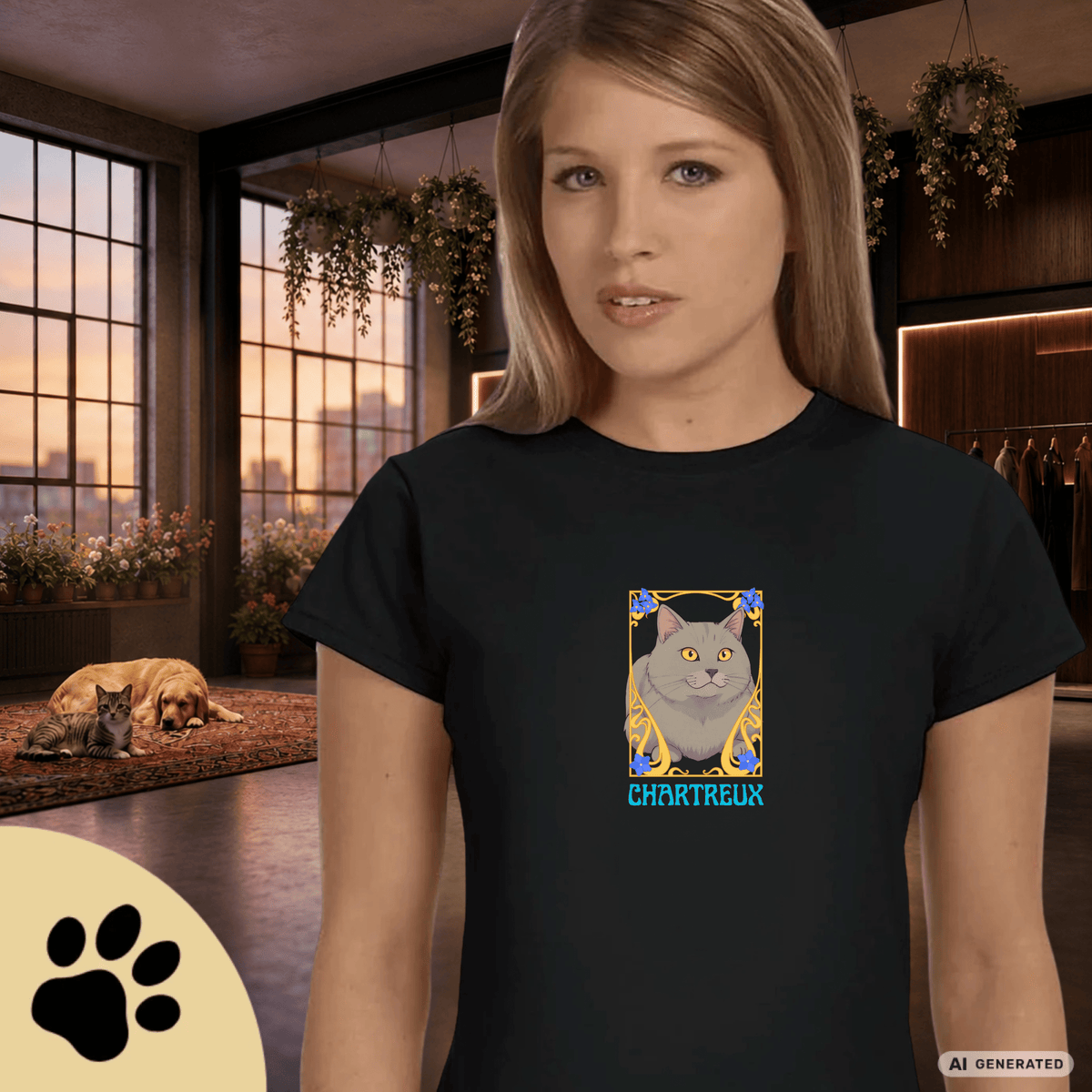 Chartreux Cat T-Shirt – Ästhetisches Katzenmotiv im Jugendstil | Cute & Elegant Cat Lover Gift - Sunbeamstore