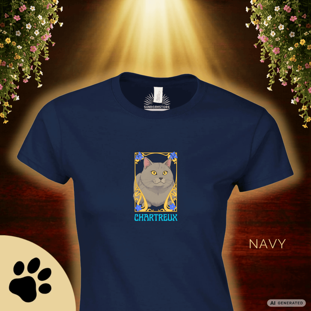 Chartreux Cat T-Shirt – Ästhetisches Katzenmotiv im Jugendstil | Cute & Elegant Cat Lover Gift - Sunbeamstore