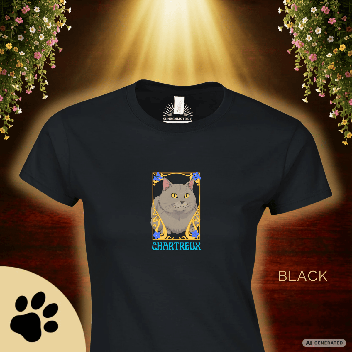 Chartreux Cat T-Shirt – Ästhetisches Katzenmotiv im Jugendstil | Cute & Elegant Cat Lover Gift - Sunbeamstore