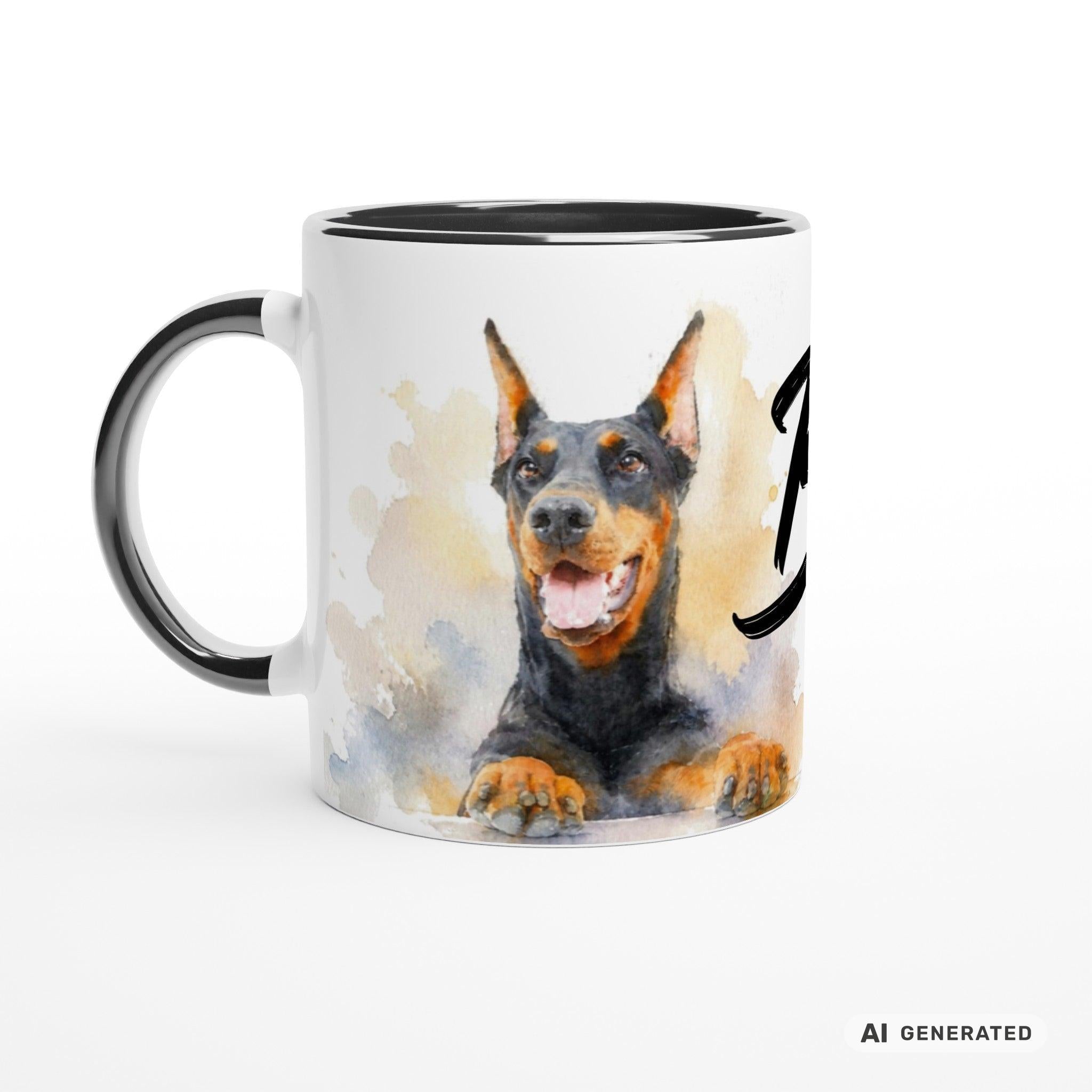 Personalisierte Dobermann Tasse 11oz – Aquarell Hundemotiv mit Namen | Geschenk für Dobermann Besitzer | Keramiktasse mit Farbwahl - Sunbeamstore
