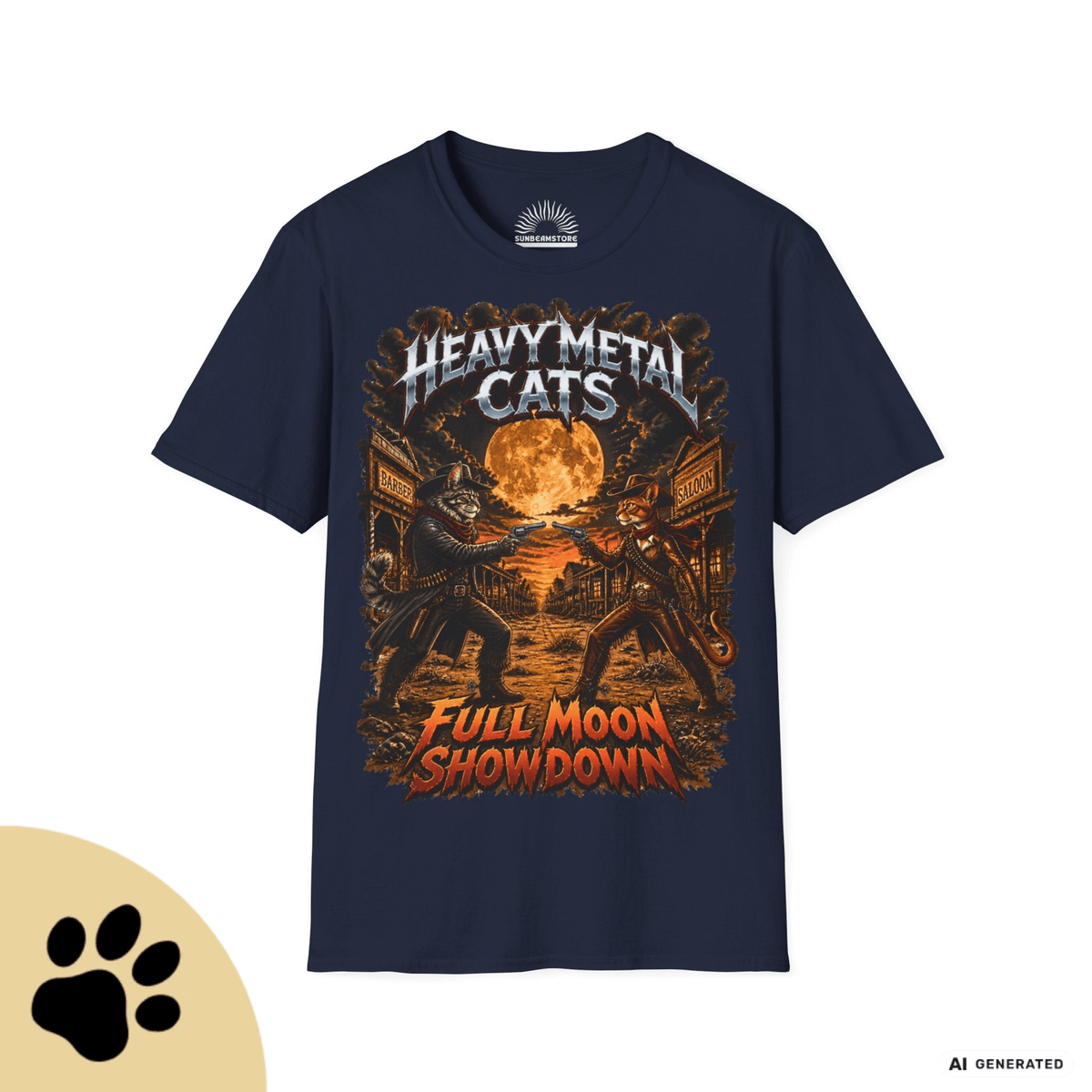 Heavy Metal Cats – Full Moon Showdown | Lustiges Katzen Metal T-Shirt | Cowboy Katzen Shirt | Gildan 64000 Unisex - Sunbeamstore