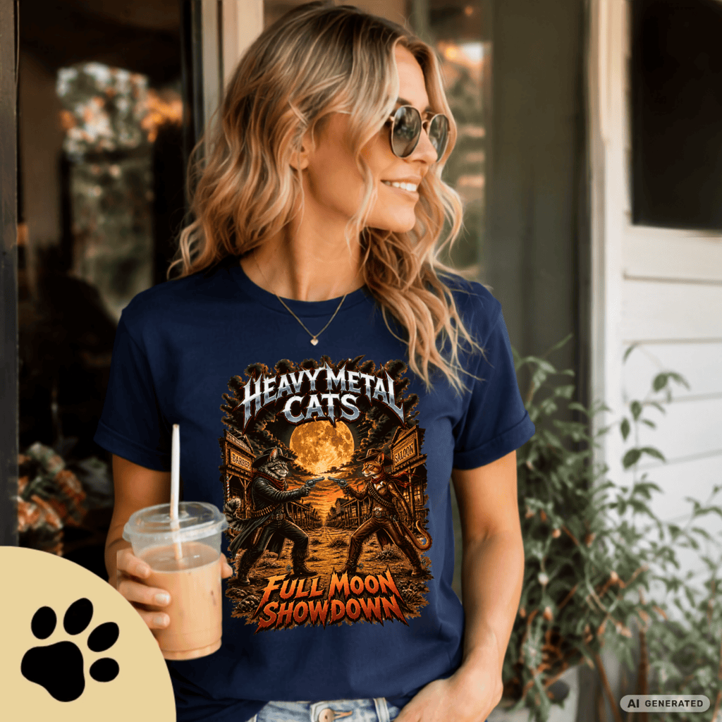 Heavy Metal Cats – Full Moon Showdown | Lustiges Katzen Metal T-Shirt | Cowboy Katzen Shirt | Gildan 64000 Unisex - Sunbeamstore