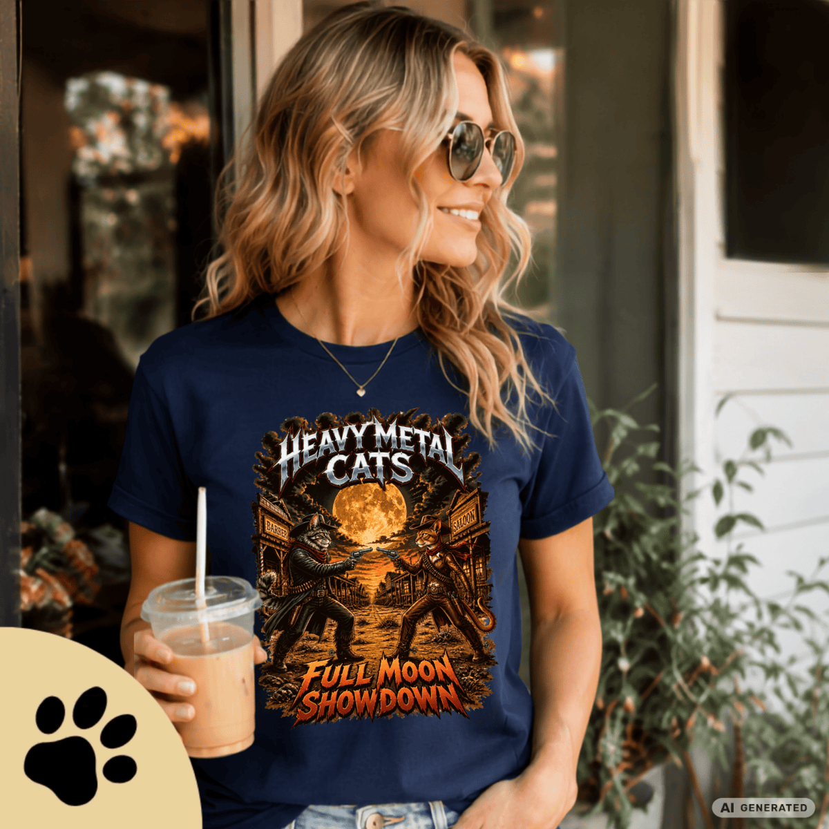 Heavy Metal Cats – Full Moon Showdown | Lustiges Katzen Metal T-Shirt | Cowboy Katzen Shirt | Gildan 64000 Unisex - Sunbeamstore