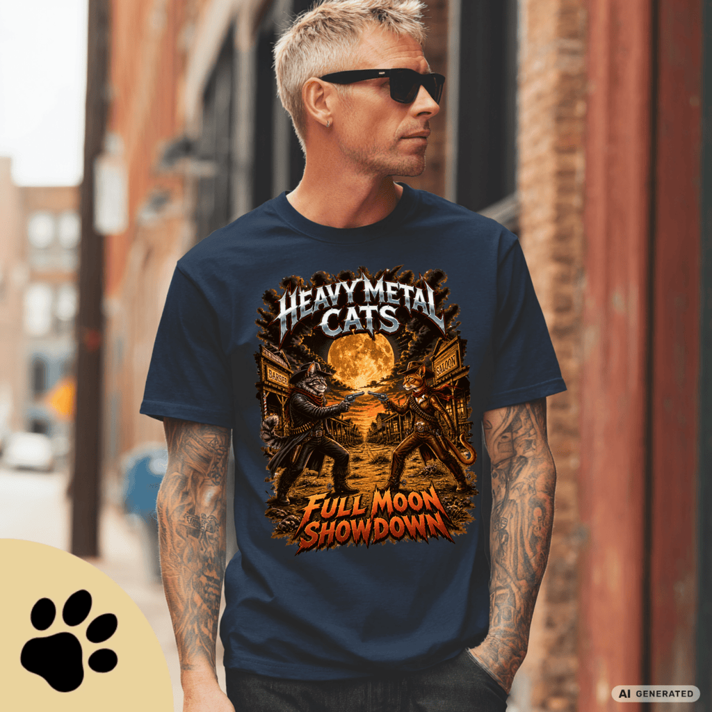 Heavy Metal Cats – Full Moon Showdown | Lustiges Katzen Metal T-Shirt | Cowboy Katzen Shirt | Gildan 64000 Unisex - Sunbeamstore