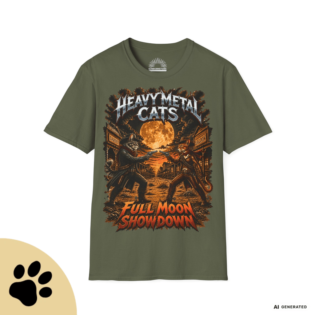 Heavy Metal Cats – Full Moon Showdown | Lustiges Katzen Metal T-Shirt | Cowboy Katzen Shirt | Gildan 64000 Unisex - Sunbeamstore