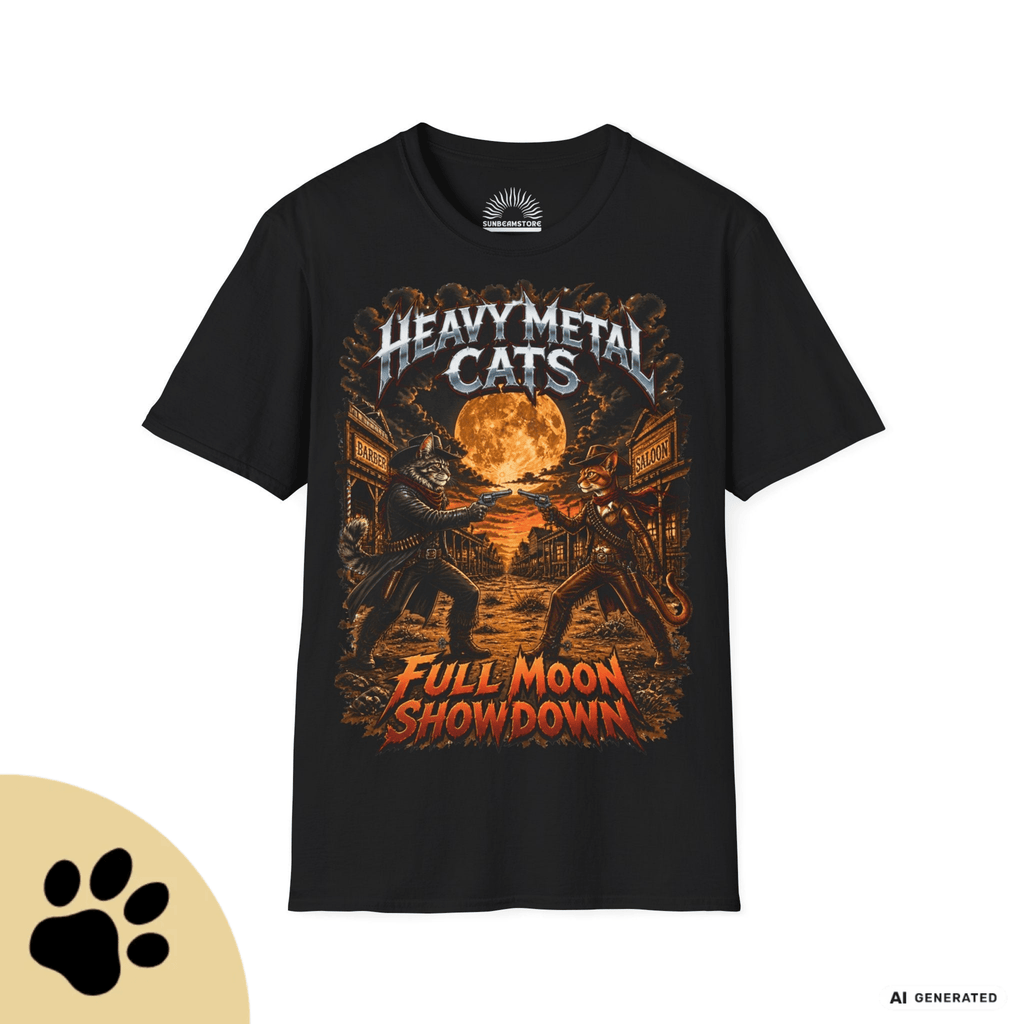 Heavy Metal Cats – Full Moon Showdown | Lustiges Katzen Metal T-Shirt | Cowboy Katzen Shirt | Gildan 64000 Unisex - Sunbeamstore