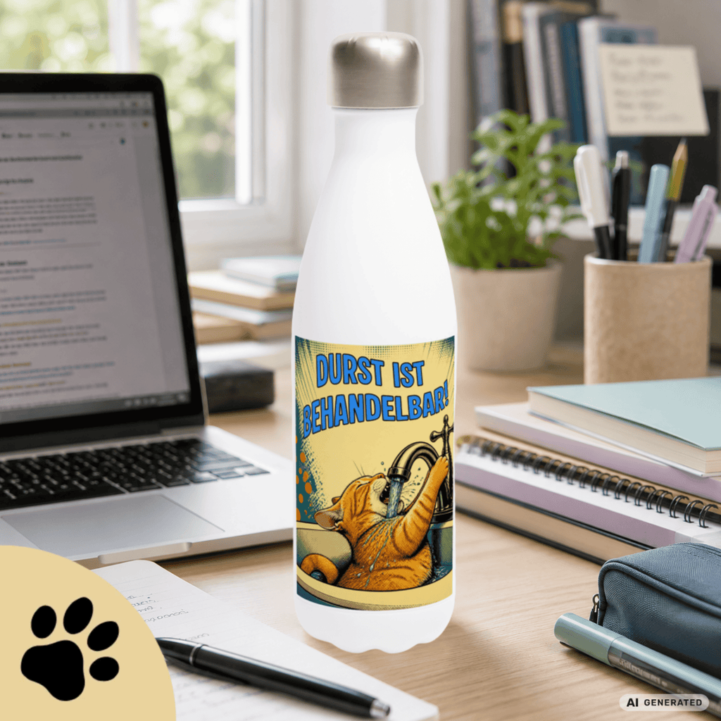 💧🐱 Katzen Trinkflasche "Durst ist behandelbar!" | Edelstahl Isolierflasche 500 ml | Lustiges Geschenk für Katzenfans - Sunbeamstore
