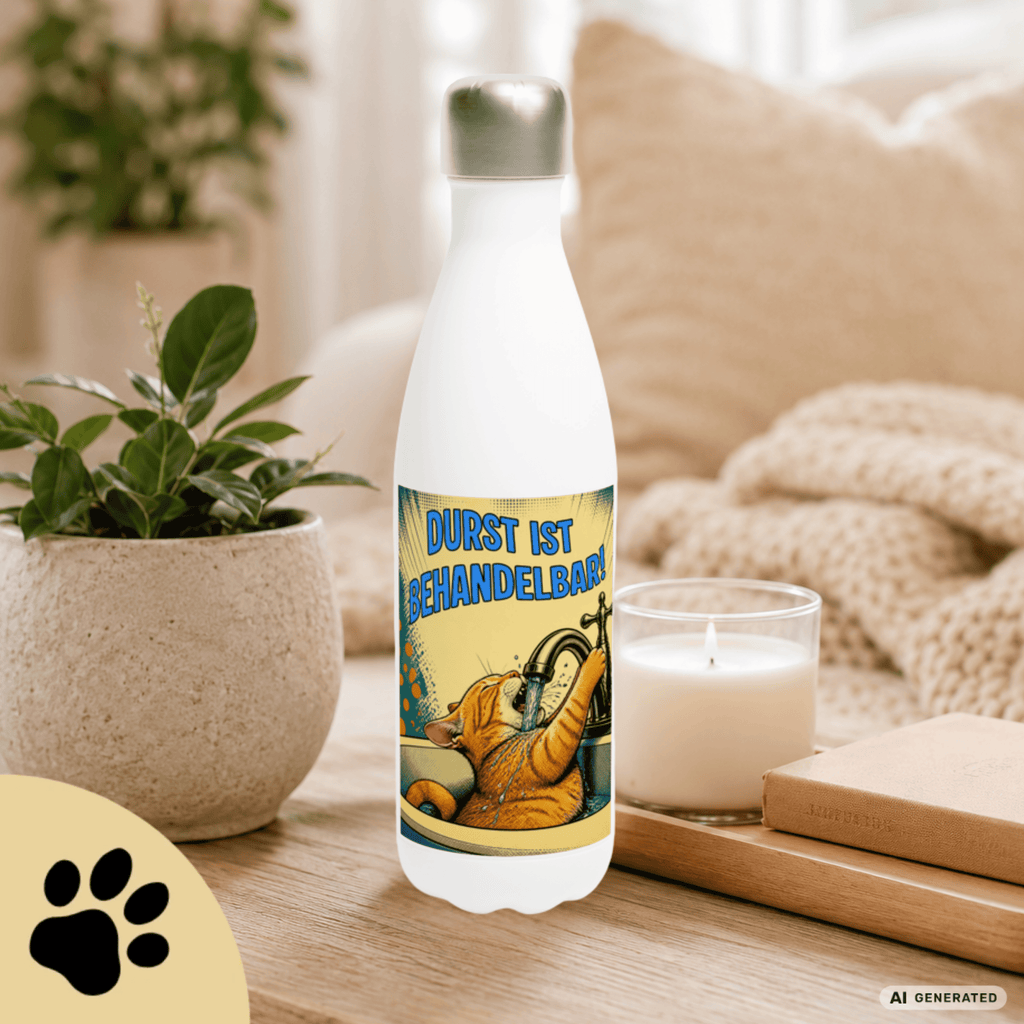 💧🐱 Katzen Trinkflasche "Durst ist behandelbar!" | Edelstahl Isolierflasche 500 ml | Lustiges Geschenk für Katzenfans - Sunbeamstore