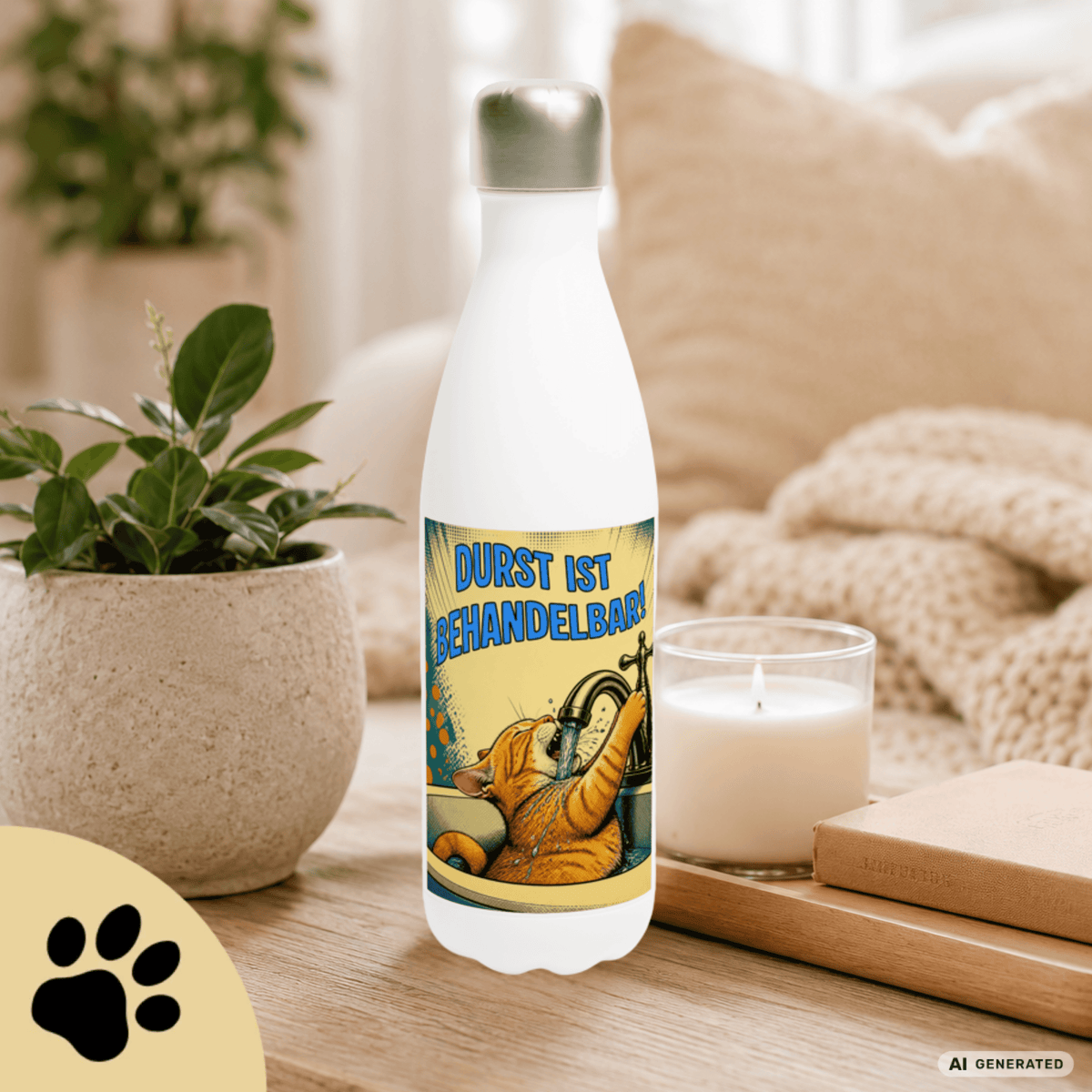 💧🐱 Katzen Trinkflasche "Durst ist behandelbar!" | Edelstahl Isolierflasche 500 ml | Lustiges Geschenk für Katzenfans - Sunbeamstore