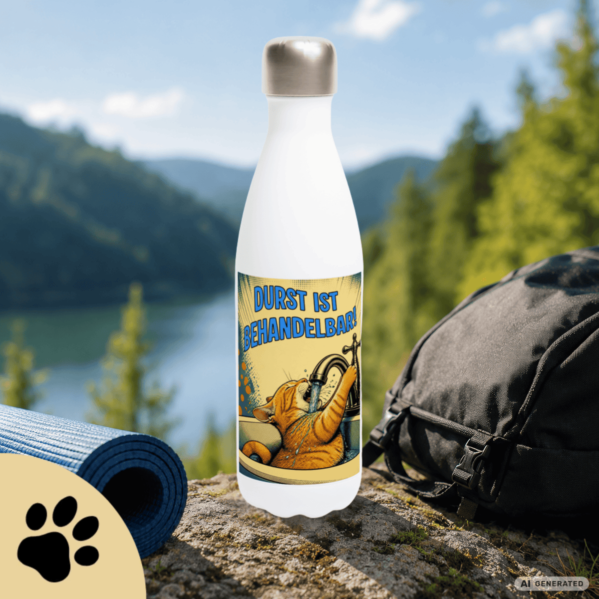 💧🐱 Katzen Trinkflasche "Durst ist behandelbar!" | Edelstahl Isolierflasche 500 ml | Lustiges Geschenk für Katzenfans - Sunbeamstore