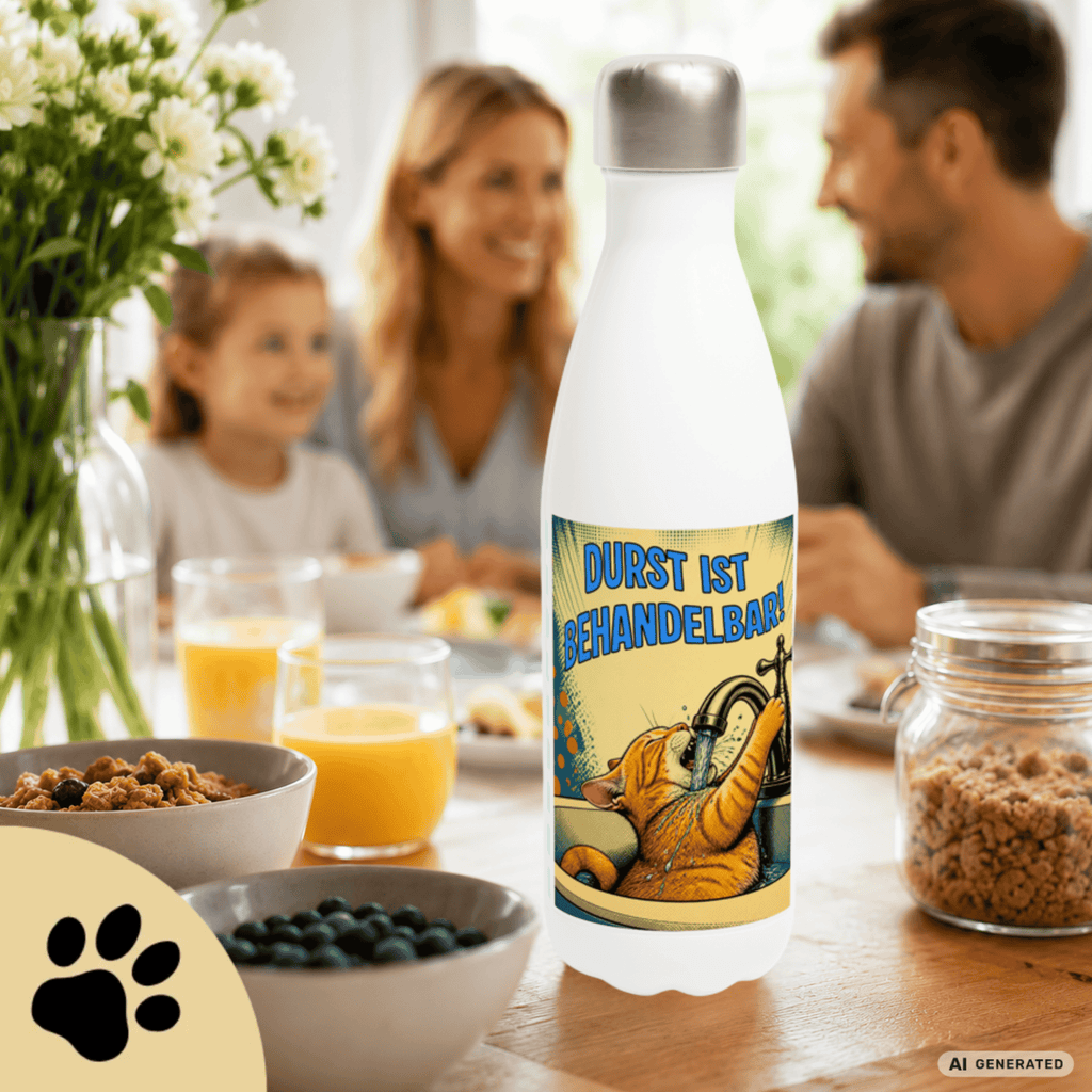 💧🐱 Katzen Trinkflasche "Durst ist behandelbar!" | Edelstahl Isolierflasche 500 ml | Lustiges Geschenk für Katzenfans - Sunbeamstore
