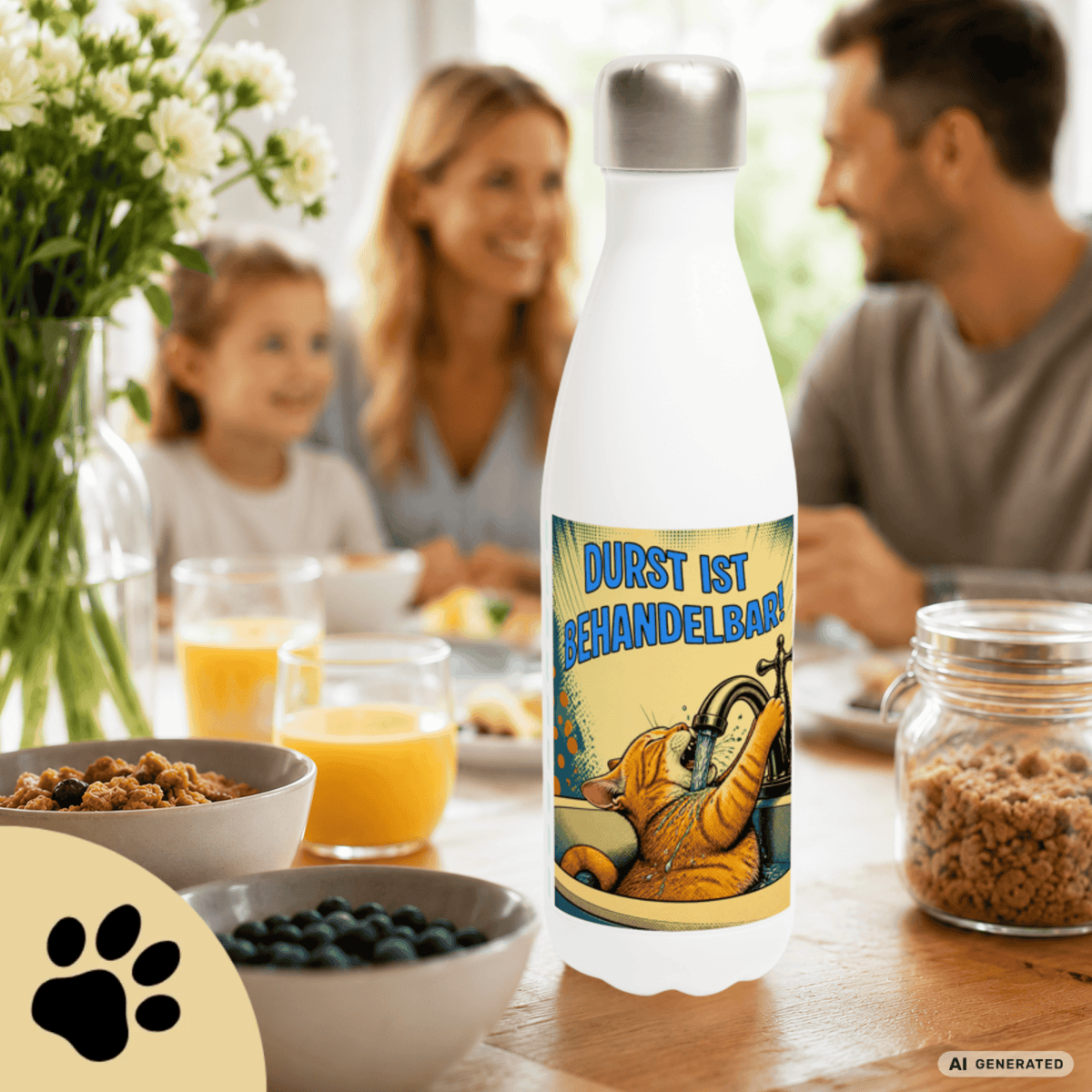 💧🐱 Katzen Trinkflasche "Durst ist behandelbar!" | Edelstahl Isolierflasche 500 ml | Lustiges Geschenk für Katzenfans - Sunbeamstore