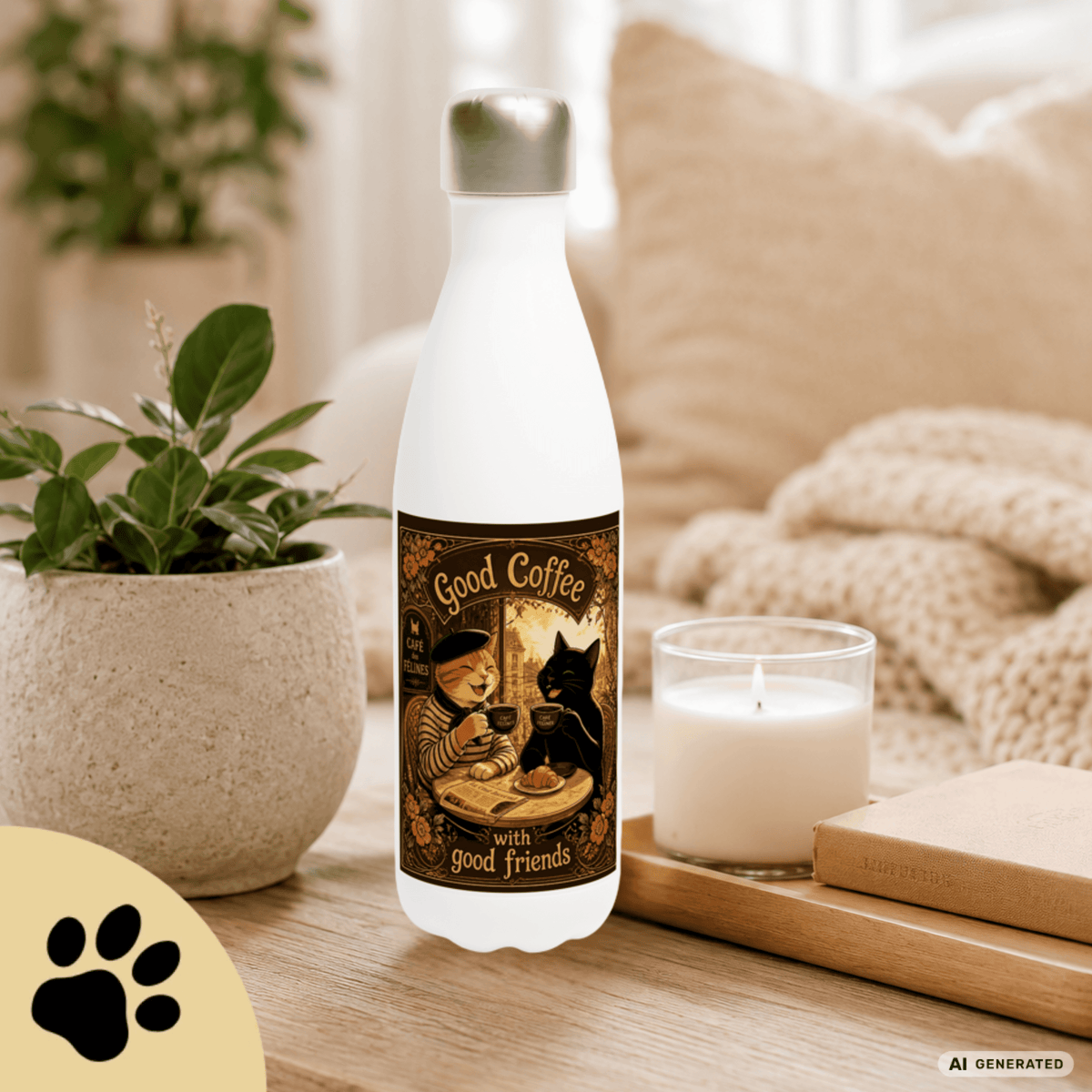☕🐱 Katzen Trinkflasche "Good Coffee with Good Friends" | Edelstahl Isolierflasche 500 ml | Geschenk für Kaffeeliebhaber & Katzenfans - Sunbeamstore