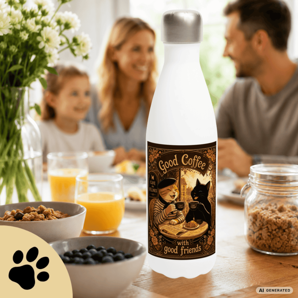 ☕🐱 Katzen Trinkflasche "Good Coffee with Good Friends" | Edelstahl Isolierflasche 500 ml | Geschenk für Kaffeeliebhaber & Katzenfans - Sunbeamstore