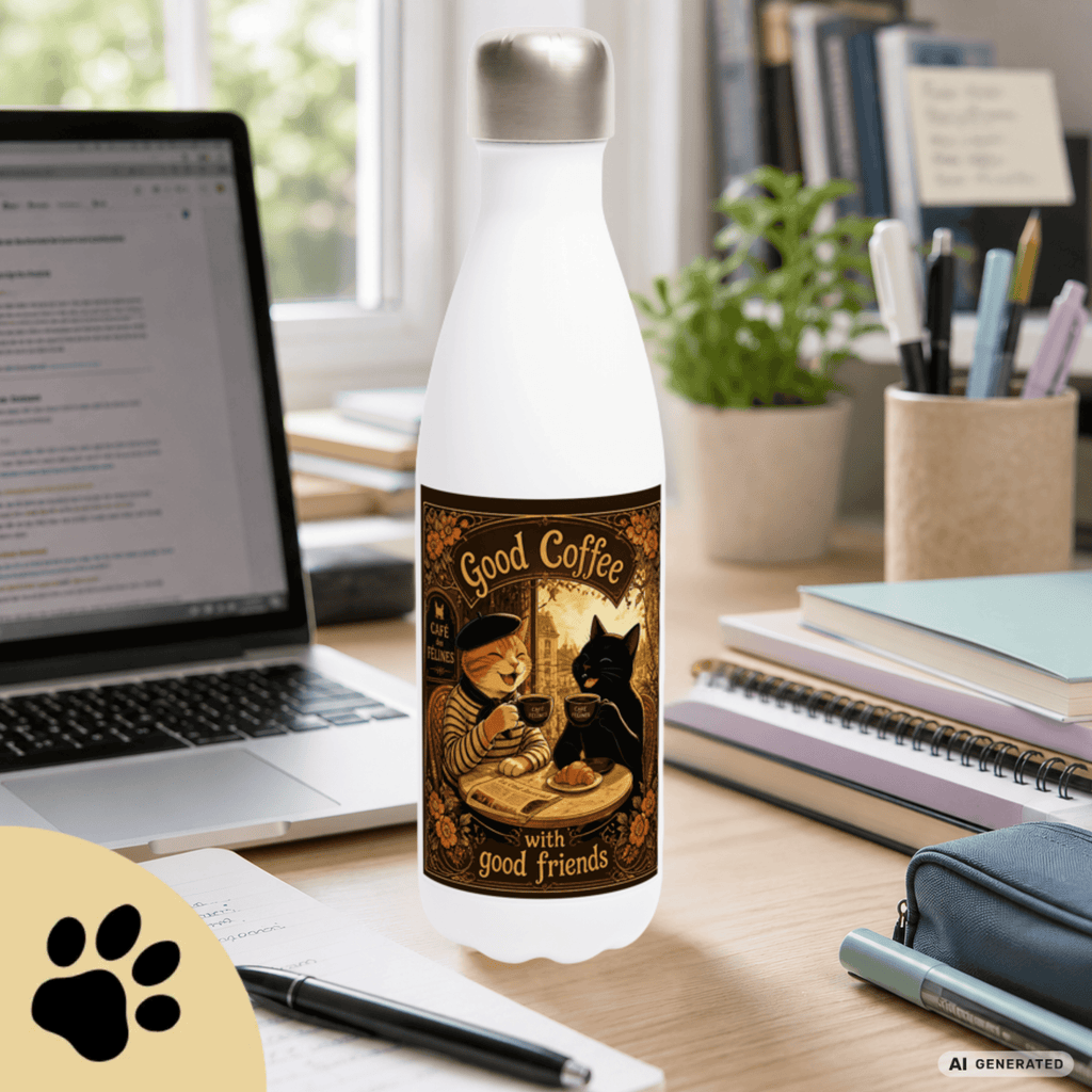 ☕🐱 Katzen Trinkflasche "Good Coffee with Good Friends" | Edelstahl Isolierflasche 500 ml | Geschenk für Kaffeeliebhaber & Katzenfans - Sunbeamstore