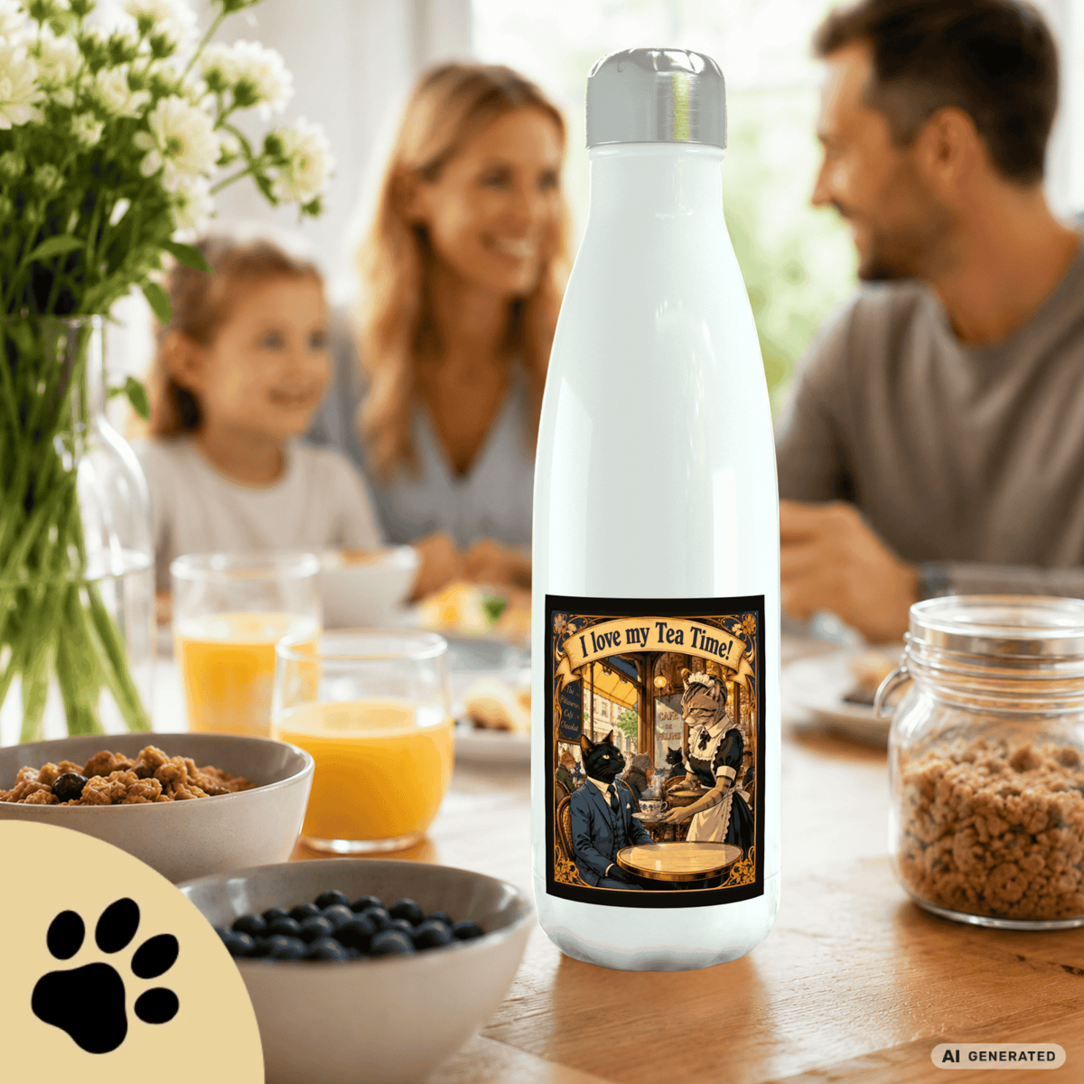 🫖🐱 Katzen Trinkflasche "I Love My Tea Time!" | Edelstahl Isolierflasche 500 ml | Vintage Café Design | Geschenk für Katzen- & Teeliebhaber - Sunbeamstore