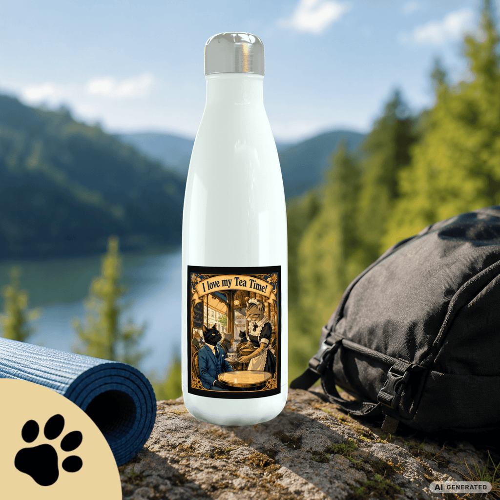 🫖🐱 Katzen Trinkflasche "I Love My Tea Time!" | Edelstahl Isolierflasche 500 ml | Vintage Café Design | Geschenk für Katzen- & Teeliebhaber - Sunbeamstore