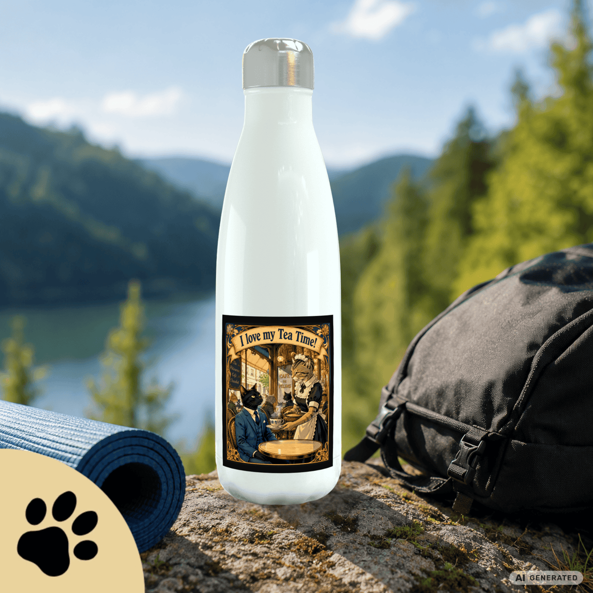 🫖🐱 Katzen Trinkflasche "I Love My Tea Time!" | Edelstahl Isolierflasche 500 ml | Vintage Café Design | Geschenk für Katzen- & Teeliebhaber - Sunbeamstore