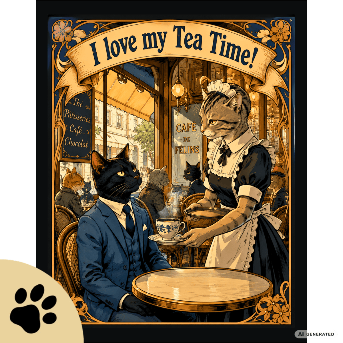 🫖🐱 Katzen Trinkflasche "I Love My Tea Time!" | Edelstahl Isolierflasche 500 ml | Vintage Café Design | Geschenk für Katzen- & Teeliebhaber - Sunbeamstore