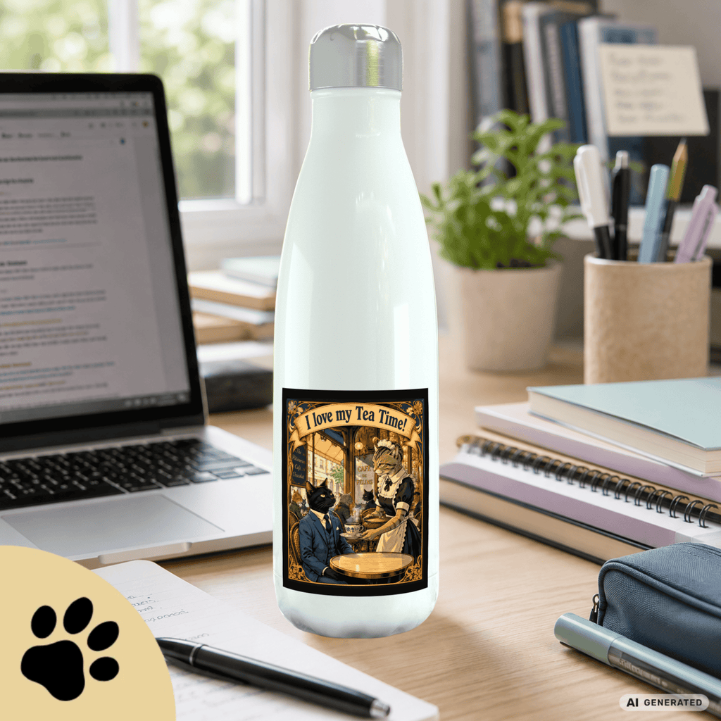 🫖🐱 Katzen Trinkflasche "I Love My Tea Time!" | Edelstahl Isolierflasche 500 ml | Vintage Café Design | Geschenk für Katzen- & Teeliebhaber - Sunbeamstore