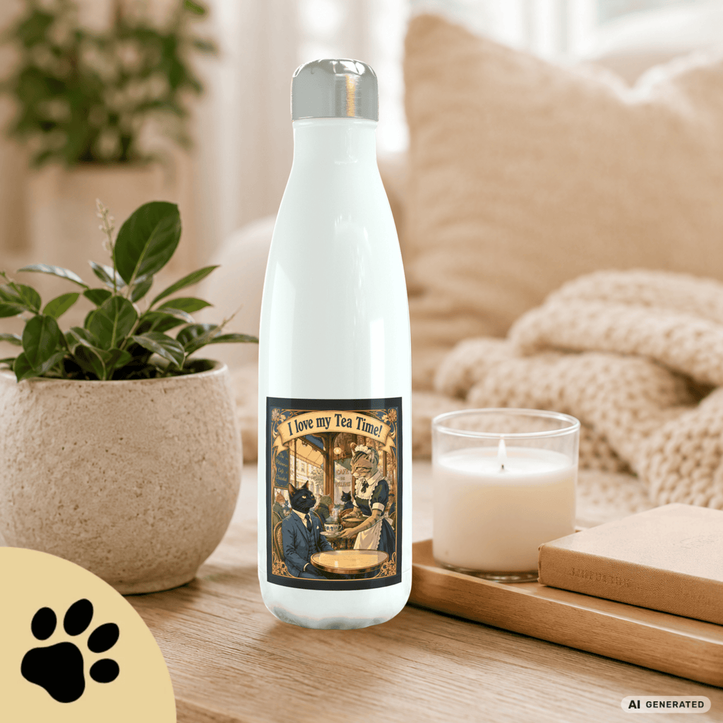 🫖🐱 Katzen Trinkflasche "I Love My Tea Time!" | Edelstahl Isolierflasche 500 ml | Vintage Café Design | Geschenk für Katzen- & Teeliebhaber - Sunbeamstore