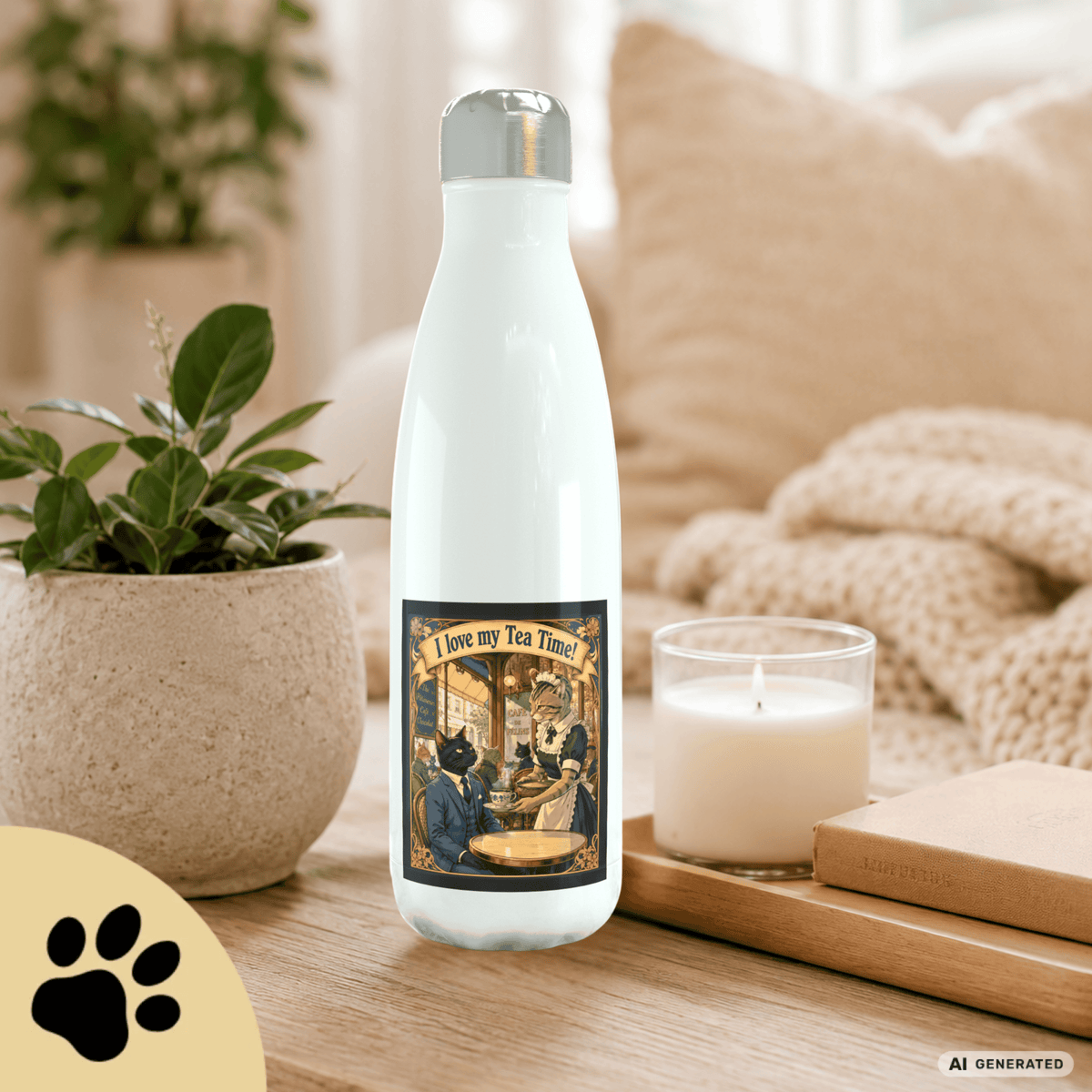 🫖🐱 Katzen Trinkflasche "I Love My Tea Time!" | Edelstahl Isolierflasche 500 ml | Vintage Café Design | Geschenk für Katzen- & Teeliebhaber - Sunbeamstore