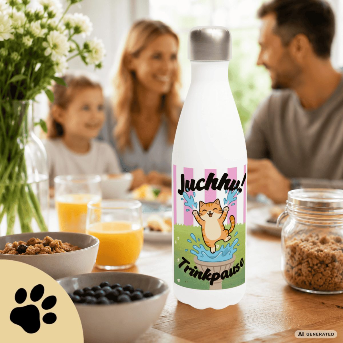 Katzen Trinkflasche "Juchhu! Trinkpause!" | Isolierflasche 500 ml | Lustiges Geschenk für Katzenliebhaber - Sunbeamstore