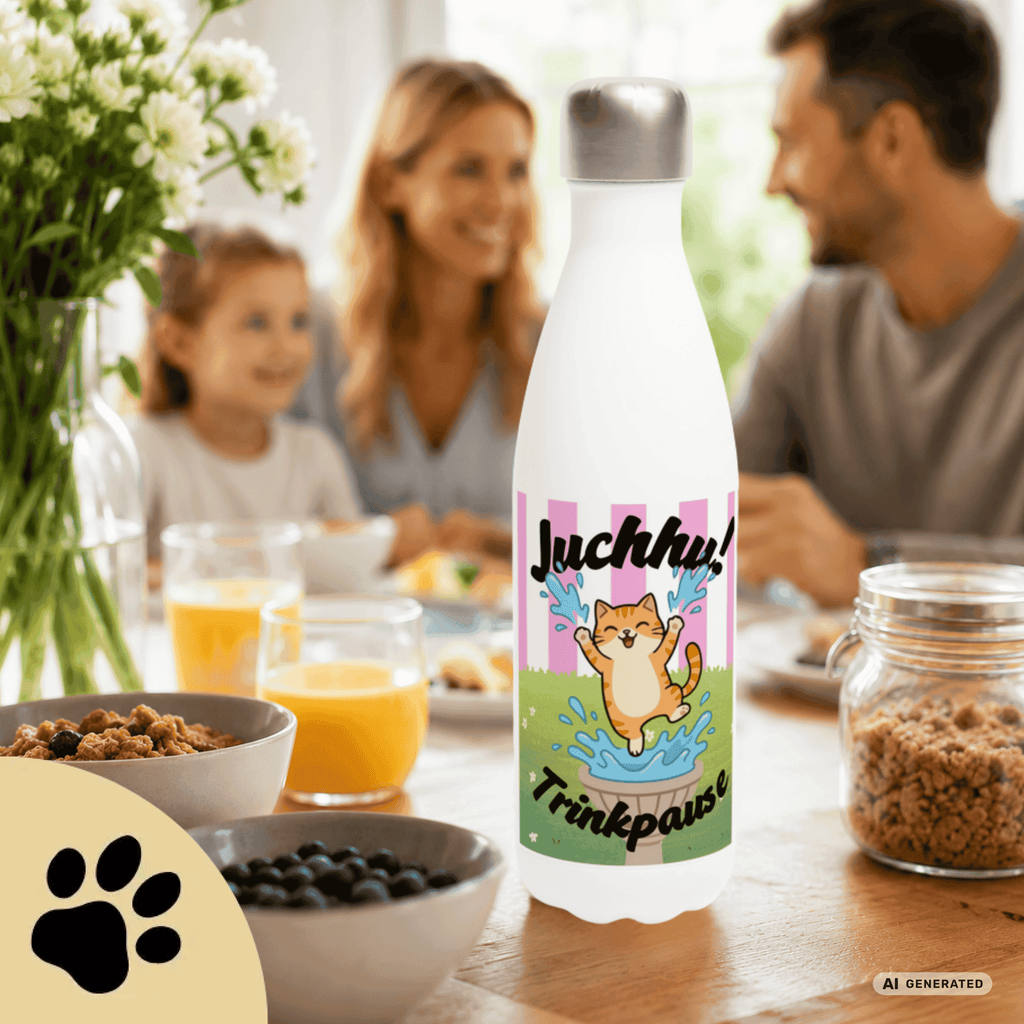 Katzen Trinkflasche "Juchhu! Trinkpause!" | Isolierflasche 500 ml | Lustiges Geschenk für Katzenliebhaber - Sunbeamstore