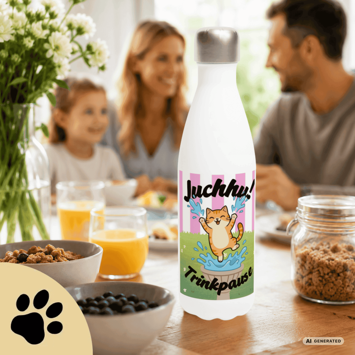 Katzen Trinkflasche "Juchhu! Trinkpause!" | Isolierflasche 500 ml | Lustiges Geschenk für Katzenliebhaber - Sunbeamstore