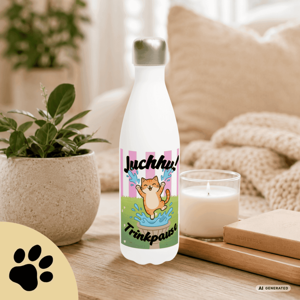 Katzen Trinkflasche "Juchhu! Trinkpause!" | Isolierflasche 500 ml | Lustiges Geschenk für Katzenliebhaber - Sunbeamstore