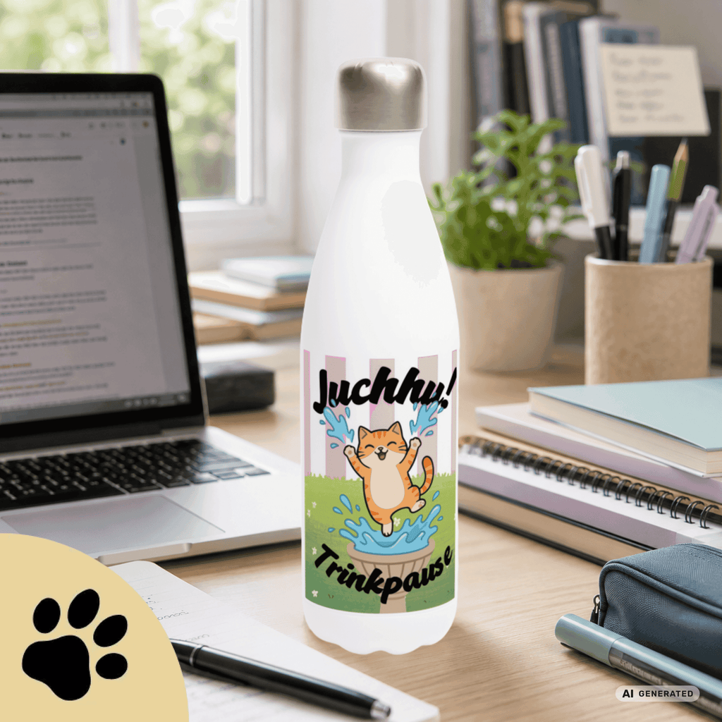 Katzen Trinkflasche "Juchhu! Trinkpause!" | Isolierflasche 500 ml | Lustiges Geschenk für Katzenliebhaber - Sunbeamstore