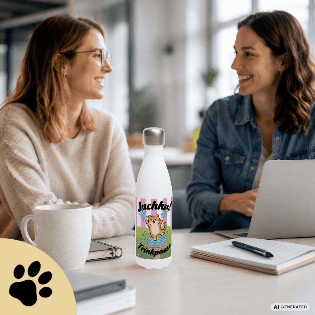 Katzen Trinkflasche "Juchhu! Trinkpause!" | Isolierflasche 500 ml | Lustiges Geschenk für Katzenliebhaber - Sunbeamstore