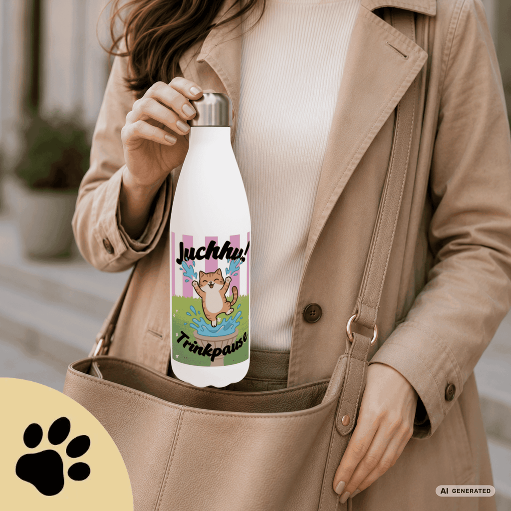 Katzen Trinkflasche "Juchhu! Trinkpause!" | Isolierflasche 500 ml | Lustiges Geschenk für Katzenliebhaber - Sunbeamstore