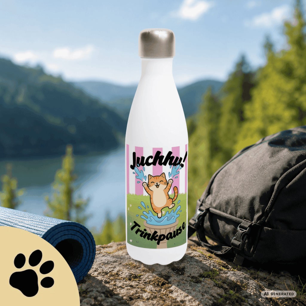 Katzen Trinkflasche "Juchhu! Trinkpause!" | Isolierflasche 500 ml | Lustiges Geschenk für Katzenliebhaber - Sunbeamstore