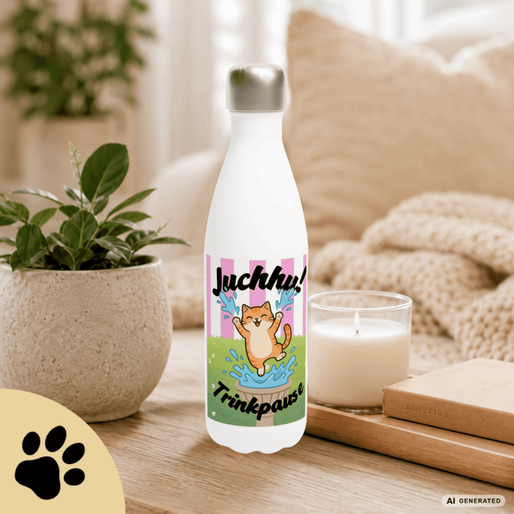 Katzen Trinkflasche "Juchhu! Trinkpause!" | Isolierflasche 500 ml | Lustiges Geschenk für Katzenliebhaber - Sunbeamstore