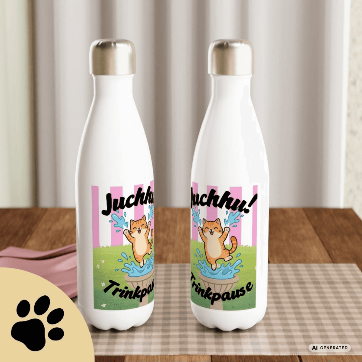 Katzen Trinkflasche "Juchhu! Trinkpause!" | Isolierflasche 500 ml | Lustiges Geschenk für Katzenliebhaber - Sunbeamstore
