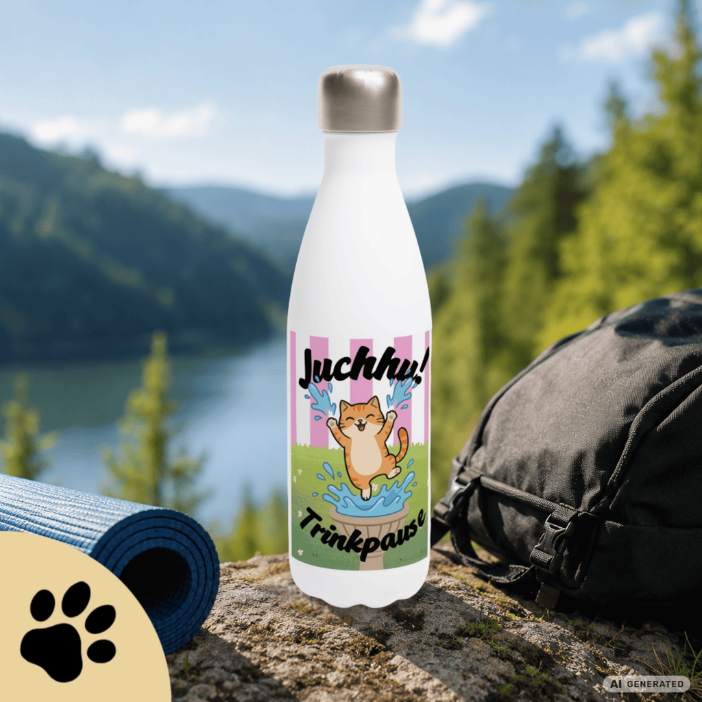 Katzen Trinkflasche "Juchhu! Trinkpause!" | Isolierflasche 500 ml | Lustiges Geschenk für Katzenliebhaber - Sunbeamstore
