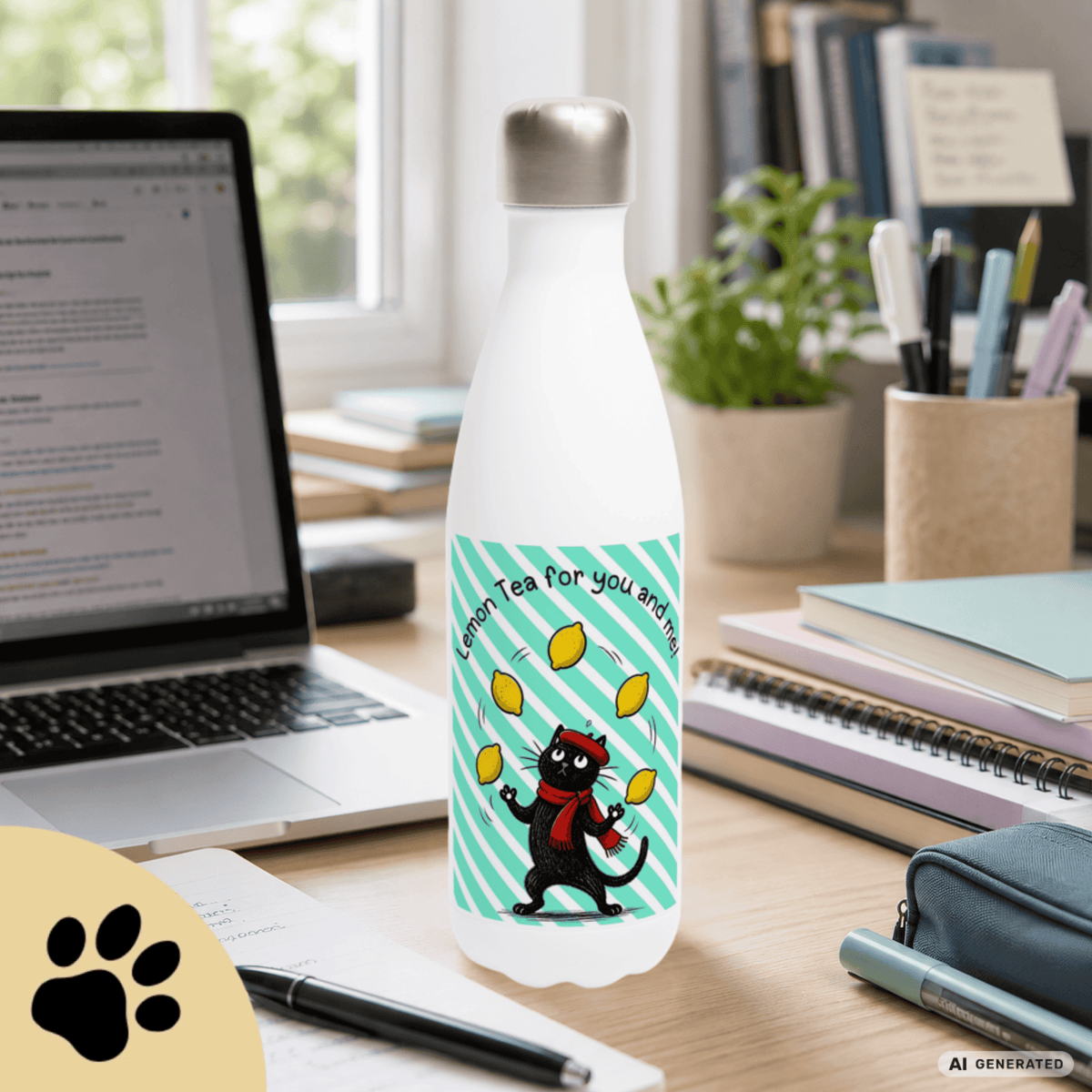 🍋🐱 Katzen Trinkflasche "Lemon Tea for You and Me!" | Isolierflasche 500 ml | Edelstahl Wasserflasche für Katzenfans - Sunbeamstore