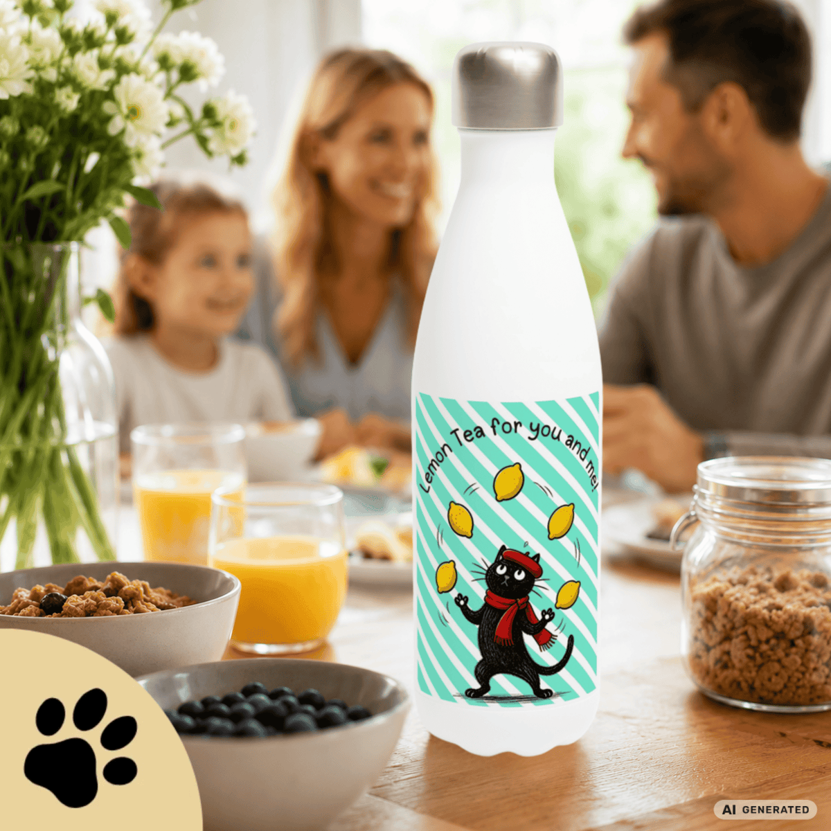 🍋🐱 Katzen Trinkflasche "Lemon Tea for You and Me!" | Isolierflasche 500 ml | Edelstahl Wasserflasche für Katzenfans - Sunbeamstore