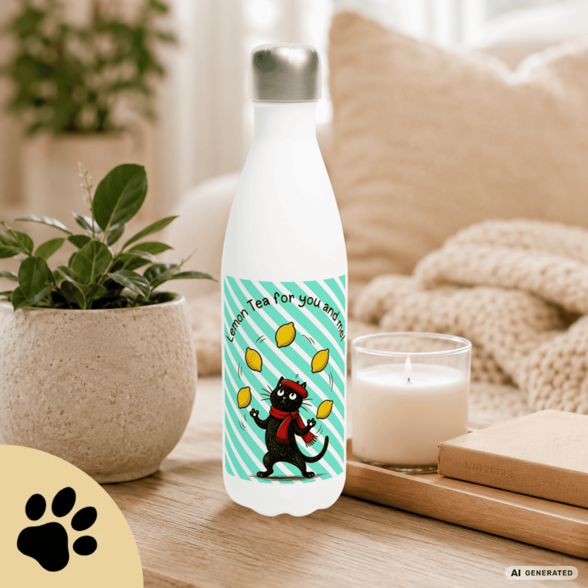 🍋🐱 Katzen Trinkflasche "Lemon Tea for You and Me!" | Isolierflasche 500 ml | Edelstahl Wasserflasche für Katzenfans - Sunbeamstore