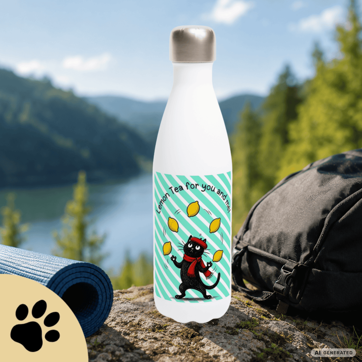 🍋🐱 Katzen Trinkflasche "Lemon Tea for You and Me!" | Isolierflasche 500 ml | Edelstahl Wasserflasche für Katzenfans - Sunbeamstore