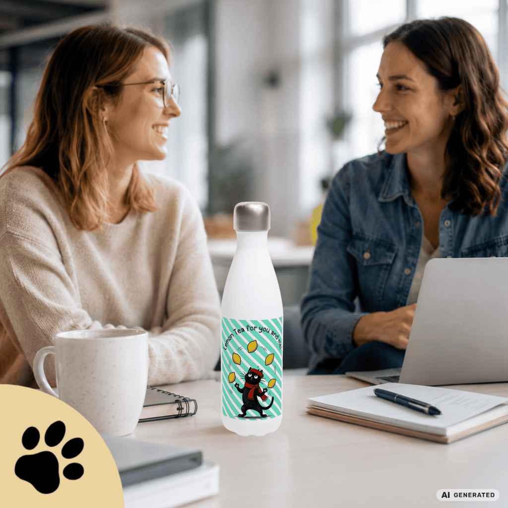 🍋🐱 Katzen Trinkflasche "Lemon Tea for You and Me!" | Isolierflasche 500 ml | Edelstahl Wasserflasche für Katzenfans - Sunbeamstore
