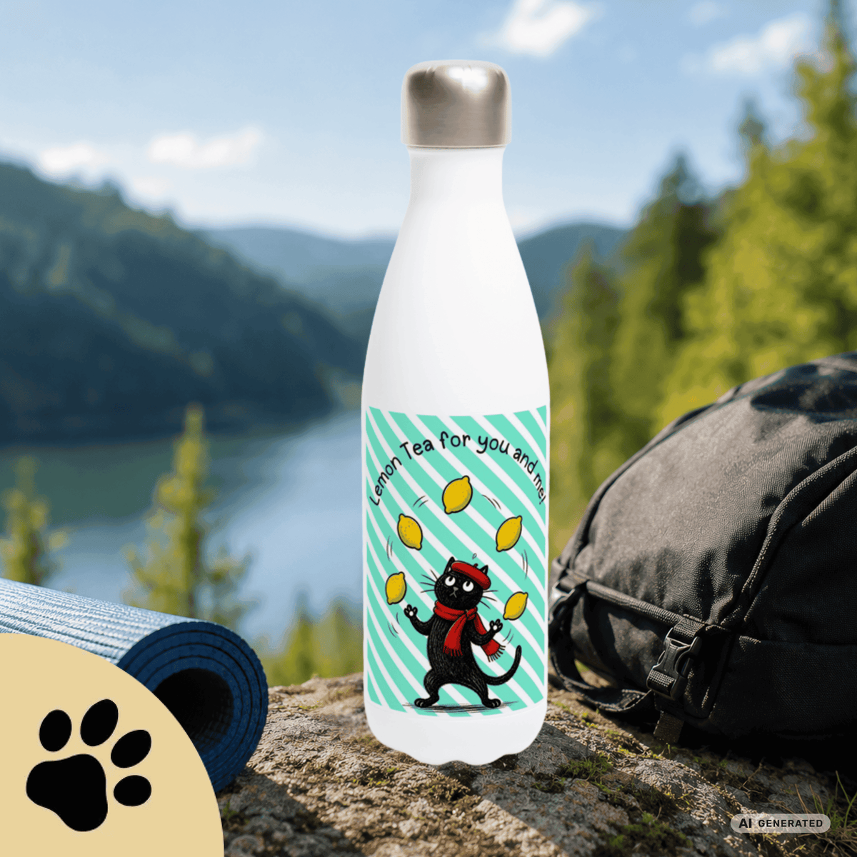 🍋🐱 Katzen Trinkflasche "Lemon Tea for You and Me!" | Isolierflasche 500 ml | Edelstahl Wasserflasche für Katzenfans - Sunbeamstore