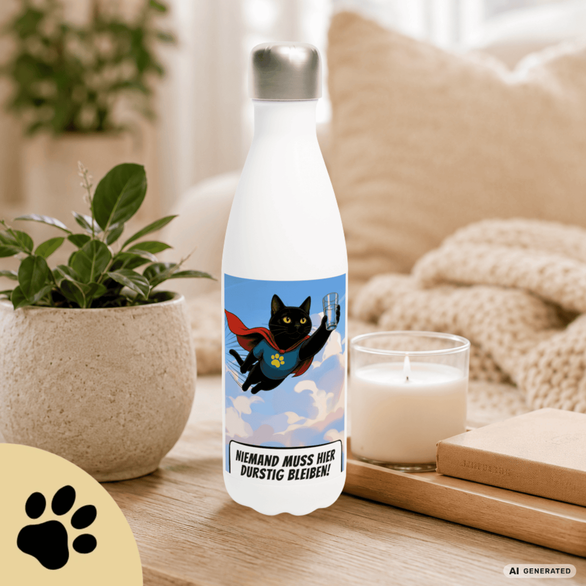 🦸🐱 Katzen Trinkflasche "Niemand muss hier durstig bleiben!" | Edelstahl Isolierflasche 500 ml | Geschenk für Katzenfans - Sunbeamstore