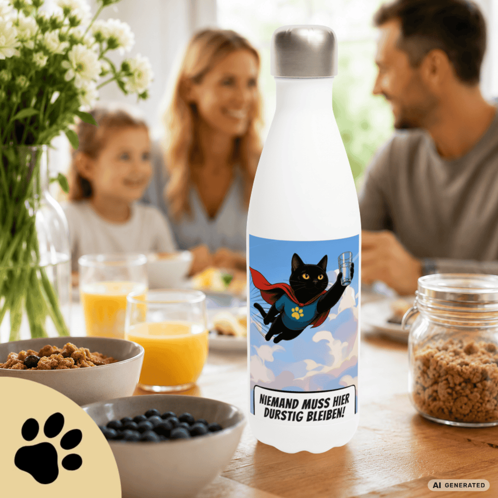 🦸🐱 Katzen Trinkflasche "Niemand muss hier durstig bleiben!" | Edelstahl Isolierflasche 500 ml | Geschenk für Katzenfans - Sunbeamstore