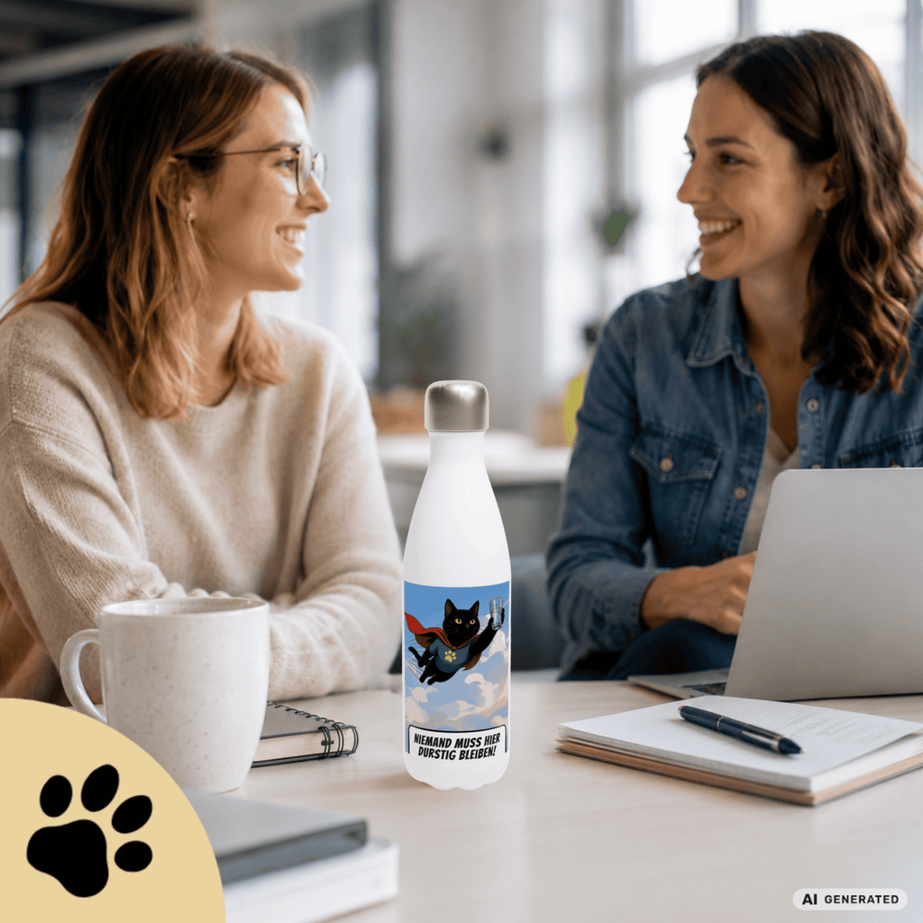 🦸🐱 Katzen Trinkflasche "Niemand muss hier durstig bleiben!" | Edelstahl Isolierflasche 500 ml | Geschenk für Katzenfans - Sunbeamstore