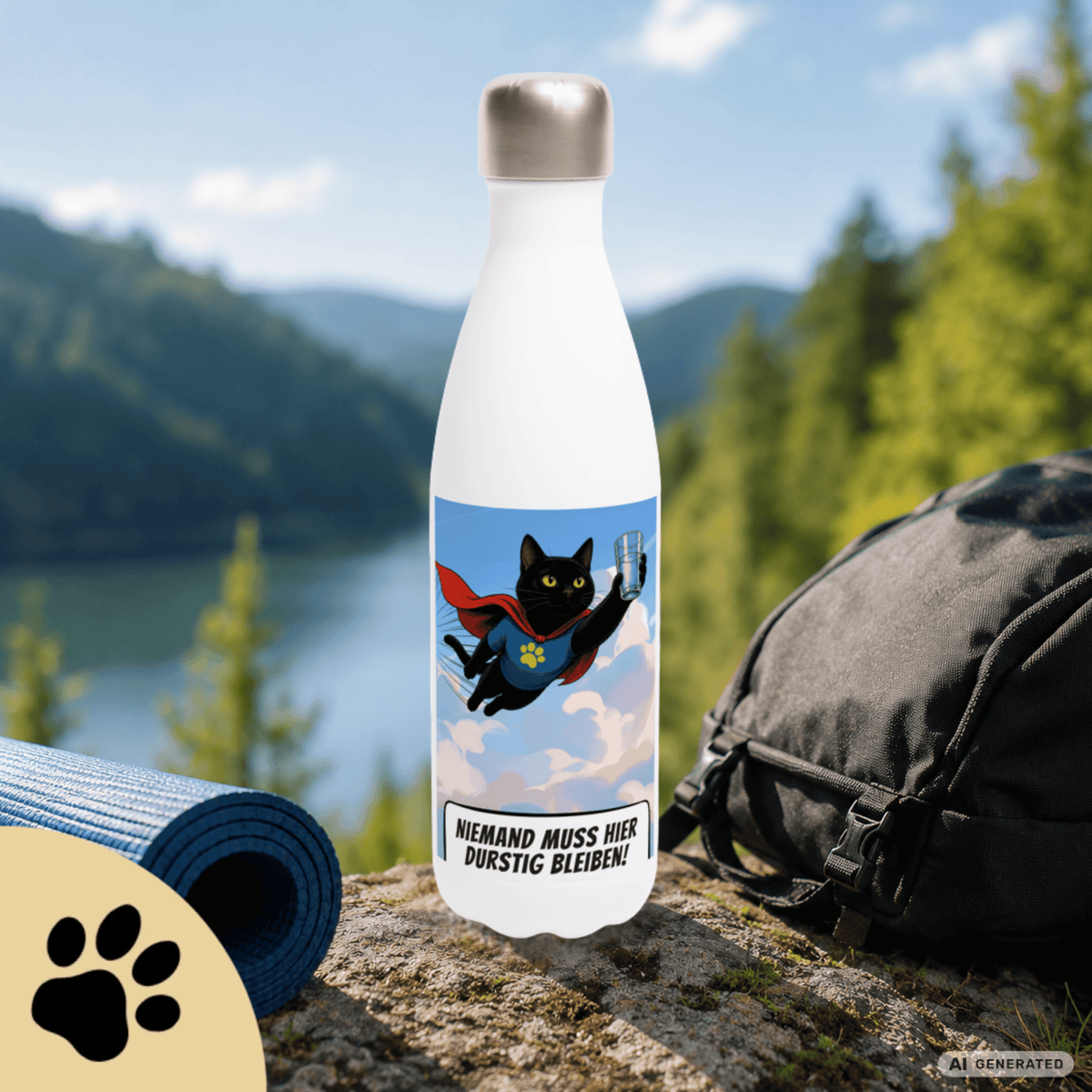 🦸🐱 Katzen Trinkflasche "Niemand muss hier durstig bleiben!" | Edelstahl Isolierflasche 500 ml | Geschenk für Katzenfans - Sunbeamstore