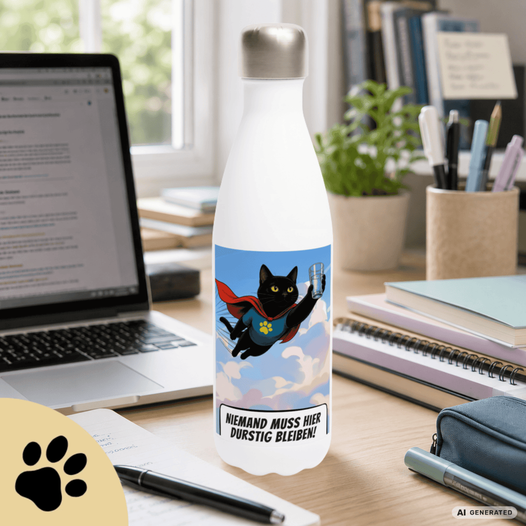 🦸🐱 Katzen Trinkflasche "Niemand muss hier durstig bleiben!" | Edelstahl Isolierflasche 500 ml | Geschenk für Katzenfans - Sunbeamstore
